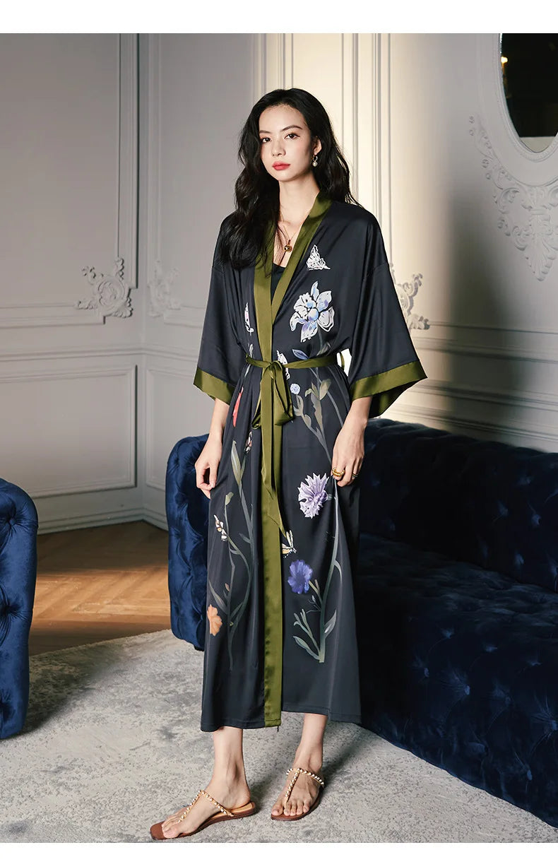 Black Print Flower Long Robe Nightgown Spring Summer Half Sleeve Kimono Bathrobe Gown Women Sexy Rayon Home Dress Loungewear