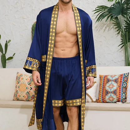 Spring New Men Robe Kimono Bathrobe Gown Baroque Style Silk Satin Sleepwear Home Clothes Loose Casual Loungewear Nightwear