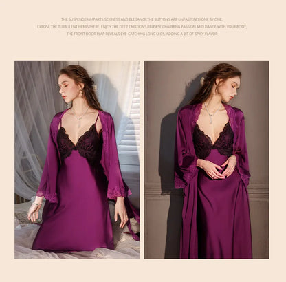 Sexy Female Long Robe Nightgown Set Kimono Bathrobe Gown Patchwork Lace Suspender Night Dress Sleepwear Loose Satin Homewear