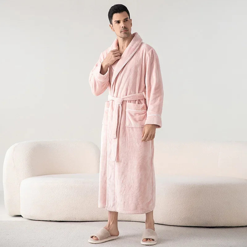 Autumn Winter Women's Sleepwear Thicken Flannel Couple Long Robe Kimono Bathrobe Gown Loungewear Loose Coral Fleece Home Wear