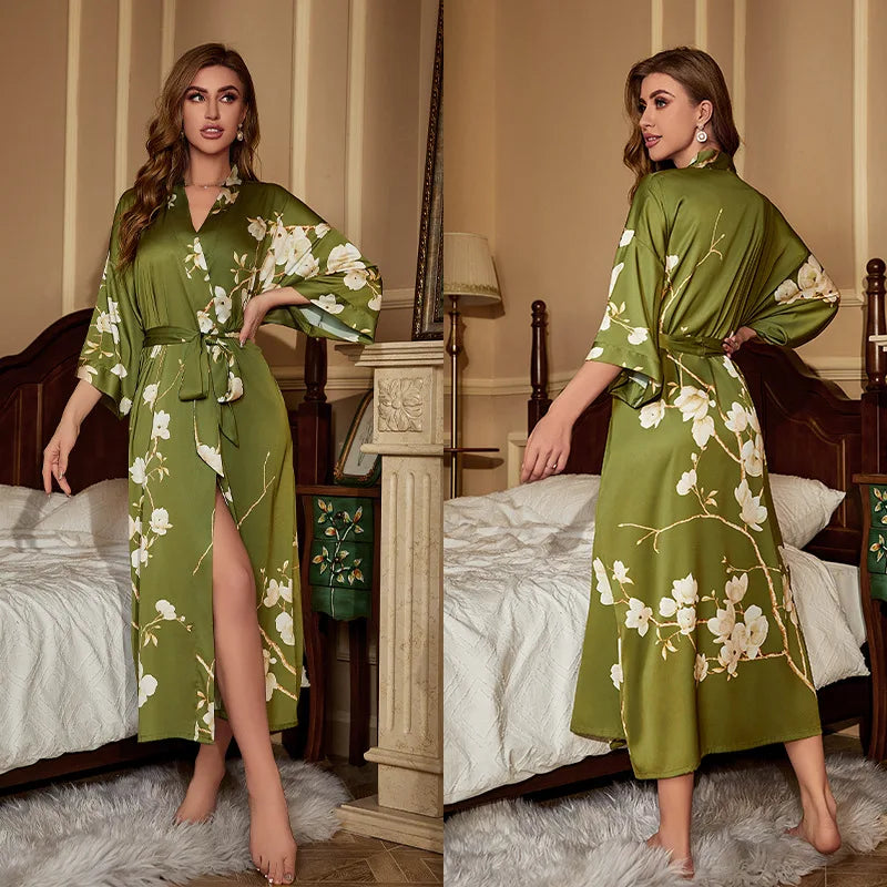 Female Long Robe Chinese Style Print Flower Sleepwear Nightgown Half Sleeve Kimono Bathrobe Gown Loose Casual Satin Home Wear