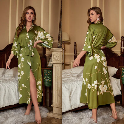 Female Long Robe Chinese Style Print Flower Sleepwear Nightgown Half Sleeve Kimono Bathrobe Gown Loose Casual Satin Home Wear