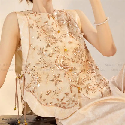 New Chinese Style Women Vest Traditional Tang Clothes Qipao Tops Luxury Sequin Bead Waistcoat Jacket Sexy Sleeveless Blouse Coat