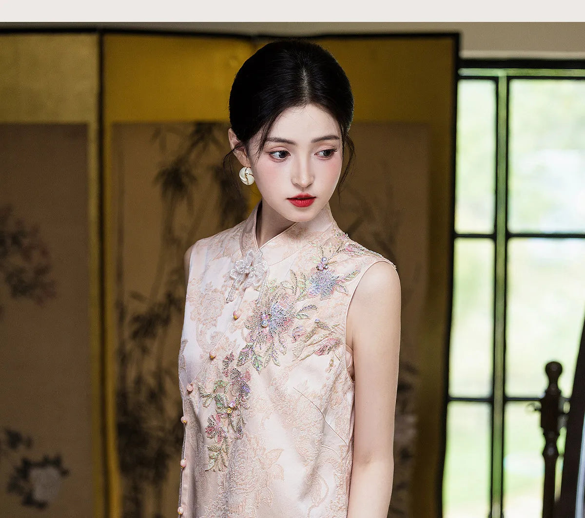 New Chinese Style Women Costume Vest Qipao Set Retro Jacquard Embroidery Tang Costume Silky Satin Waistcoat Dress Evening Dress