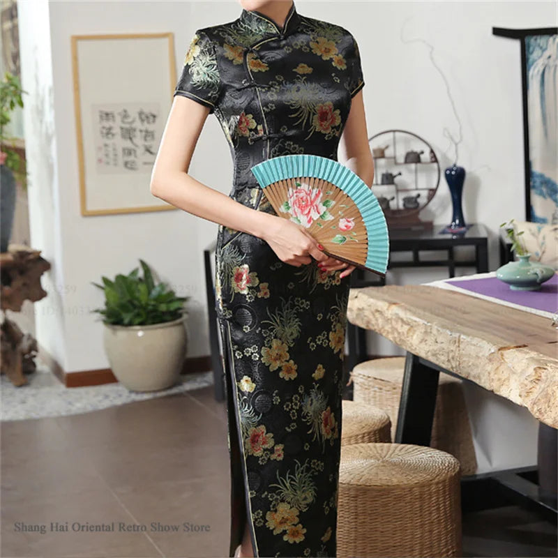 Traditional Satin Long Green Cheongsam Vintage Chinse Style Women's Vestido Dress Summer Jacquard Short Sleeve Qipao Asian Dress