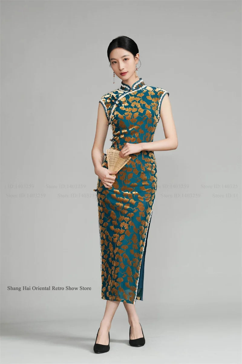 Chinese New Year Chesongam Sexy Long Split Vestidos Festival Party Dress Tradition Mandarin Collar Qipao Hanfu Chinese Dress