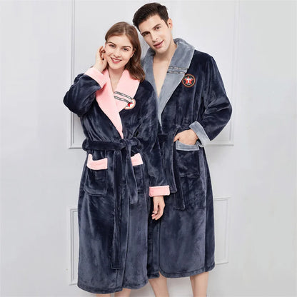 Plus Size 3XL 4XL Couple Flannel Robe Kimono Bathrobe Gown Thickened Coral Fleece Sleepwear Female Long Nightgown Loose Homewear