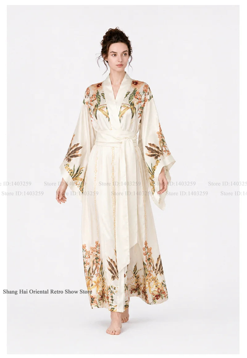 Print Flower Female Long Robe Big Sleeve Kimono Bathrobe Gown Spring Summer Silk Satin Sleepwear Night Dress Loose Homewear