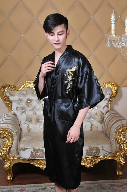 Embroider Dragon Kimono Bathrobe Gown Chinese Style Robe Classical Man Homewear Long Satin Nightgown Loose Sleepwear Loungewear