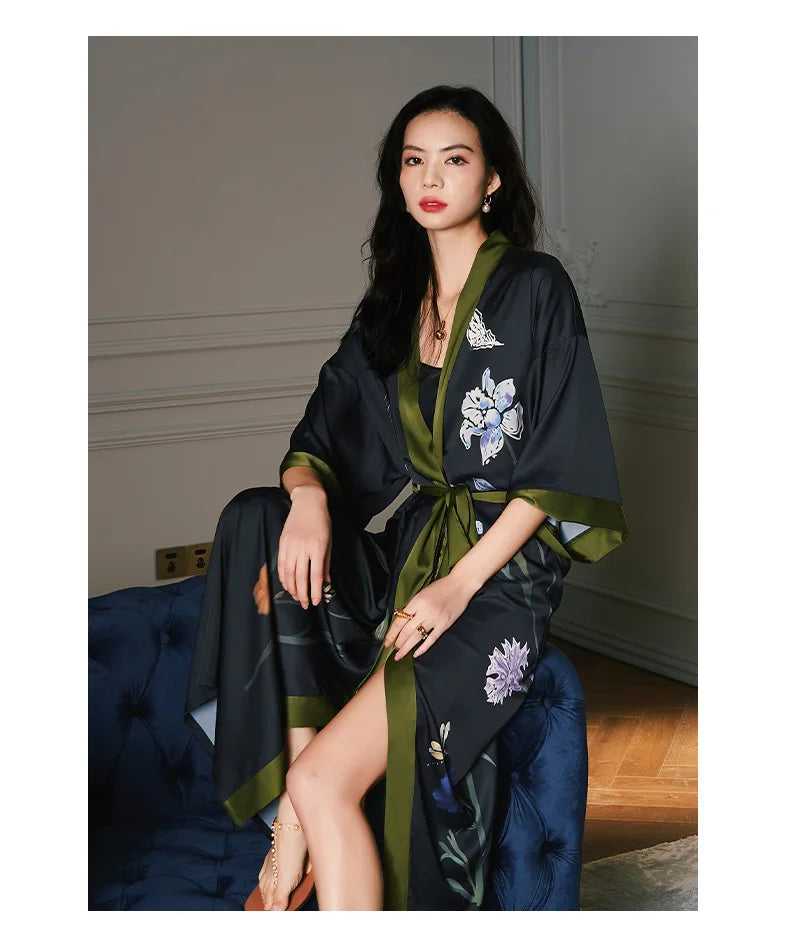 Black Print Flower Long Robe Nightgown Spring Summer Half Sleeve Kimono Bathrobe Gown Women Sexy Rayon Home Dress Loungewear