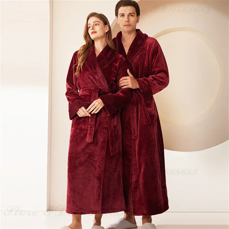 Autumn Winter Coral Fleece Sleepwear Thicken Warm Flannel Couple's Long Robe Men's Kimono Bathrobe Gown Home Clothes Lounge Wear
