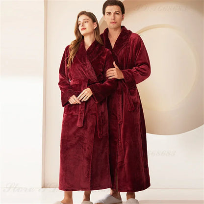 Autumn Winter Coral Fleece Sleepwear Thicken Warm Flannel Couple's Long Robe Men's Kimono Bathrobe Gown Home Clothes Lounge Wear