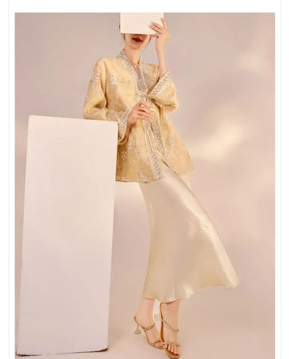 Chinese Style Tang Clothes Qipao Tops Sequin Embroidery Hanfu Cardigan Vintage V-Neck Women Jacket Elegant Spring Summer Outwear