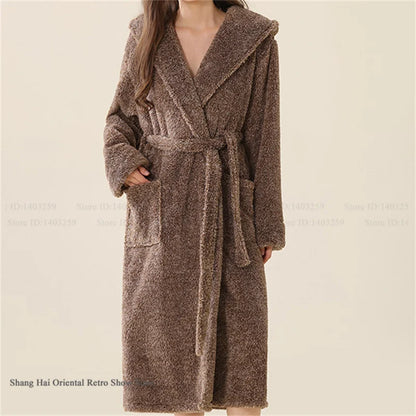 Thick Coral Fleece Coupe Hooded Bathrobe Sleepwear Autumn Winter Warm Long Robe Home Clothing Casual Flannel Loungewear Pajama