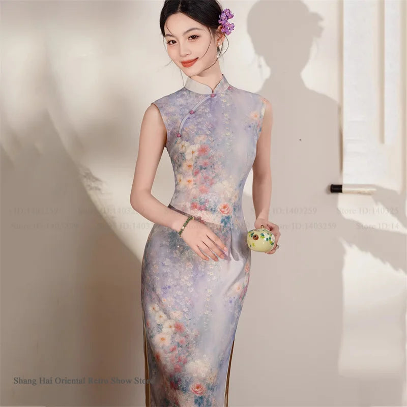 New Chinese Style Satin Cheongsam Traditional Clothing Retro Elegant Print Floral Women Long Qipao Chinese Dress Sexy Vestidos