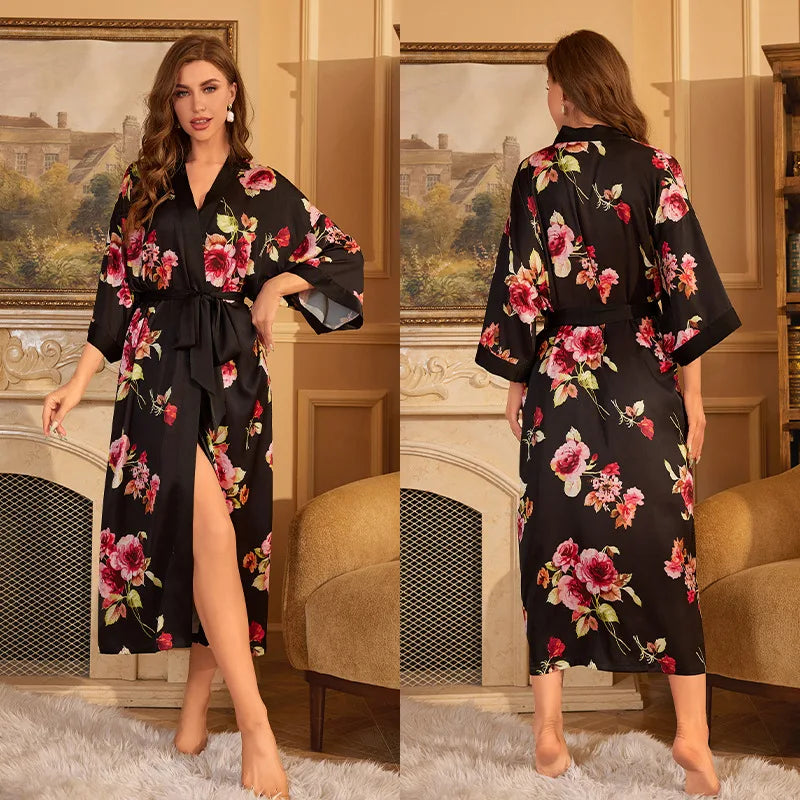 Female Long Robe Chinese Style Print Flower Sleepwear Nightgown Half Sleeve Kimono Bathrobe Gown Loose Casual Satin Home Wear