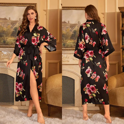 Female Long Robe Chinese Style Print Flower Sleepwear Nightgown Half Sleeve Kimono Bathrobe Gown Loose Casual Satin Home Wear