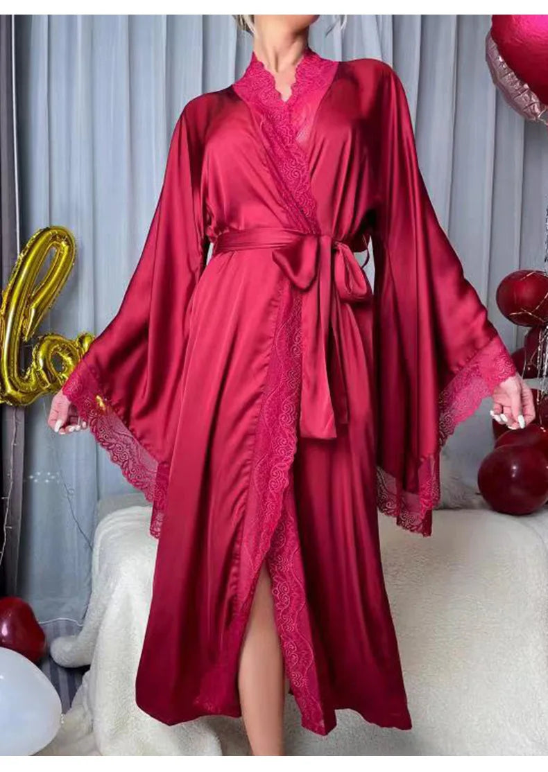 Sexy Lace Kimono Bathrobe Gown Ice Silk Women Long Robe Dress Nightgown Spring New Sleepwear Nightwear Loose Homewear Loungewear