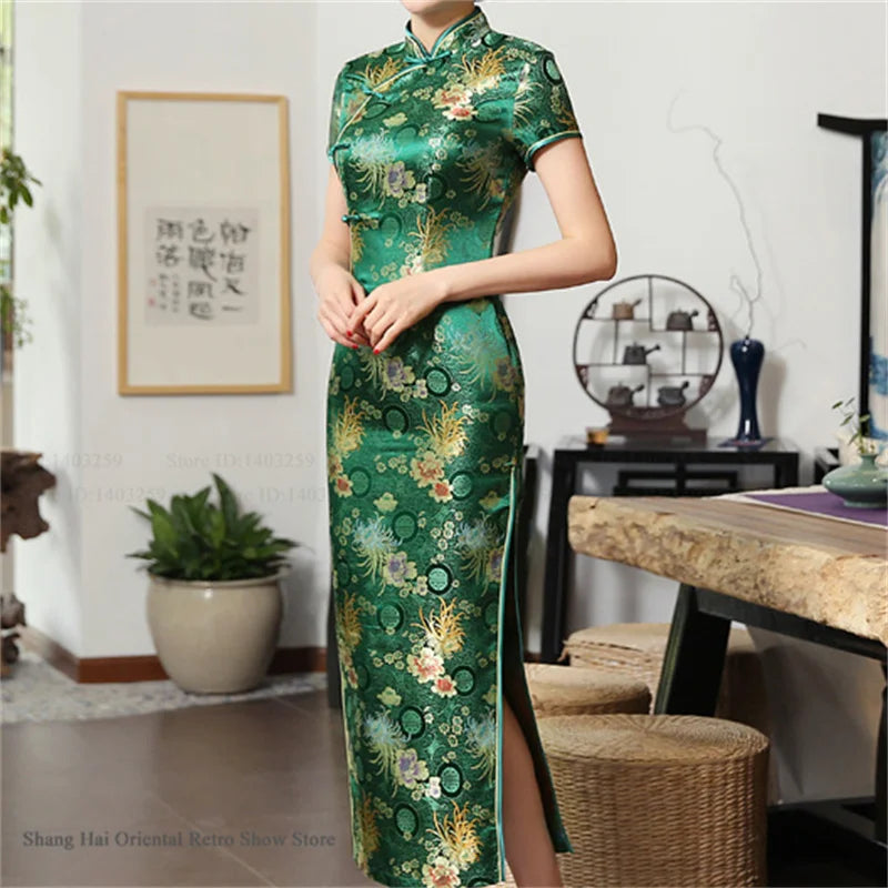 Traditional Satin Long Green Cheongsam Vintage Chinse Style Women's Vestido Dress Summer Jacquard Short Sleeve Qipao Asian Dress