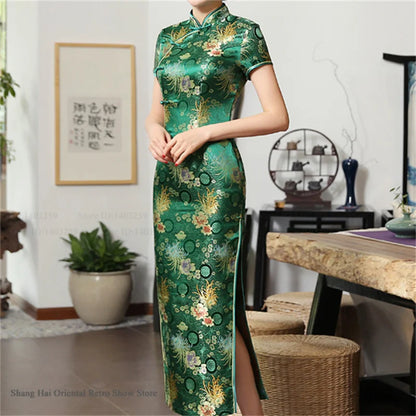 Traditional Satin Long Green Cheongsam Vintage Chinse Style Women's Vestido Dress Summer Jacquard Short Sleeve Qipao Asian Dress