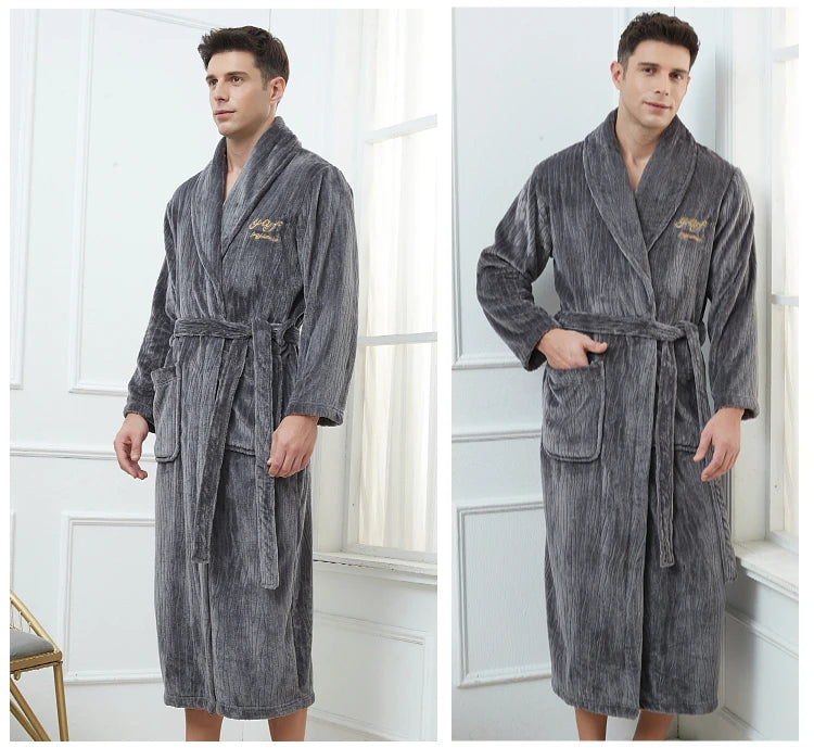 Winter Autumn Thicken Lapel Kimono Shower Robe Men's Warm Flannel Bathrobe Sleepwear with Pocket Loungewear Plus Size 3Xl 4Xl