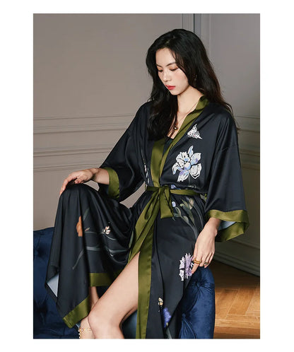 Black Print Flower Long Robe Nightgown Spring Summer Half Sleeve Kimono Bathrobe Gown Women Sexy Rayon Home Dress Loungewear