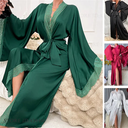 Sexy Lace Kimono Bathrobe Gown Ice Silk Women Long Robe Dress Nightgown Spring New Sleepwear Nightwear Loose Homewear Loungewear