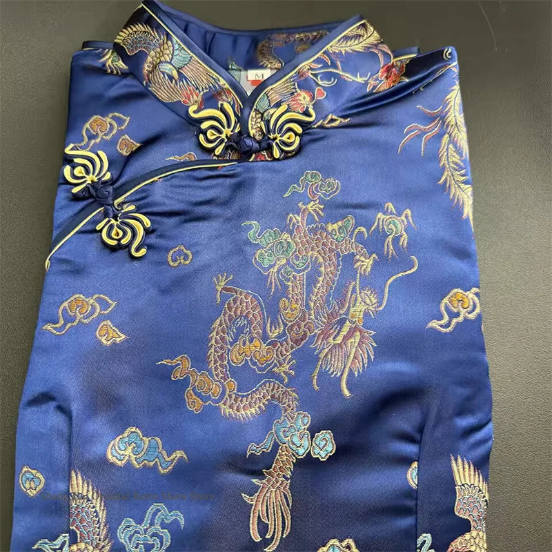 Oversize Chinese Style Dress Vintage Women's Long Qipao Dragon Phoenix Jacquard Satin Cheongsam Hanfu Sexy Slim Brocade Vestidos