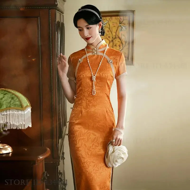 Classic Tradition China Qipao Big Size Chinese Dress Women Elegant Long Cheongsam Sexy Jacquard Vestidos Evening Party Dress 3XL