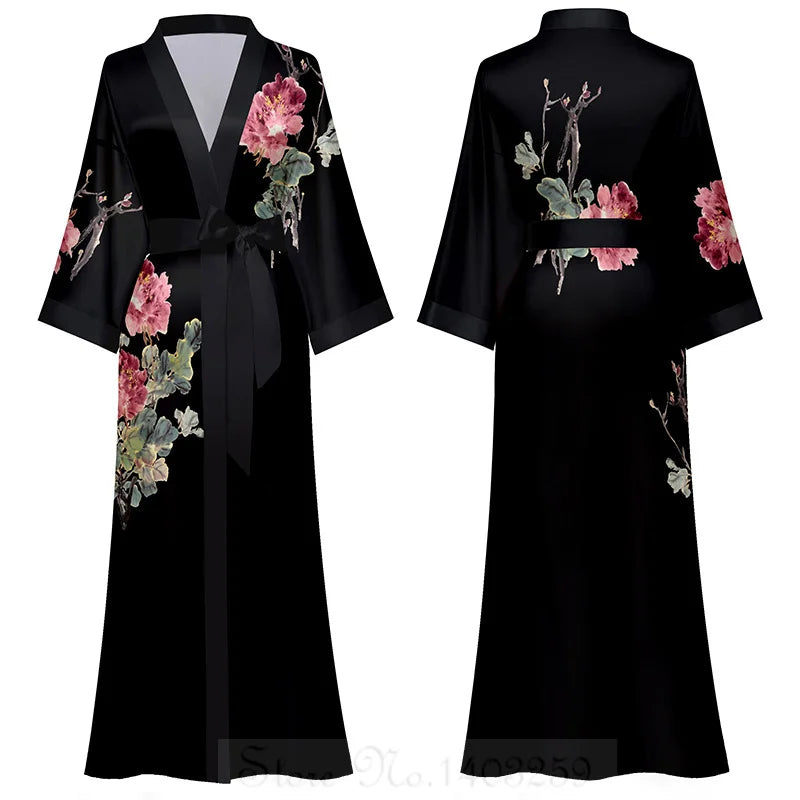 Female Long Robe Chinese Style Print Flower Sleepwear Nightgown Half Sleeve Kimono Bathrobe Gown Loose Casual Satin Home Wear
