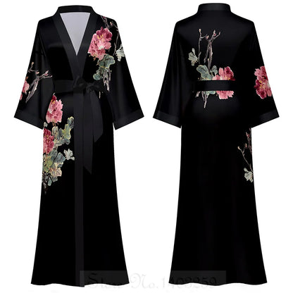 Female Long Robe Chinese Style Print Flower Sleepwear Nightgown Half Sleeve Kimono Bathrobe Gown Loose Casual Satin Home Wear