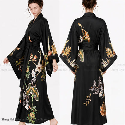 Print Flower Female Long Robe Big Sleeve Kimono Bathrobe Gown Spring Summer Silk Satin Sleepwear Night Dress Loose Homewear