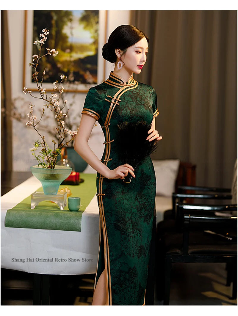 Traditional Chinese Long Cheongsam Plus Size Print Flower Chinese Dress Sexy Slim Split Qipao Novelty Party Evening Party Dress