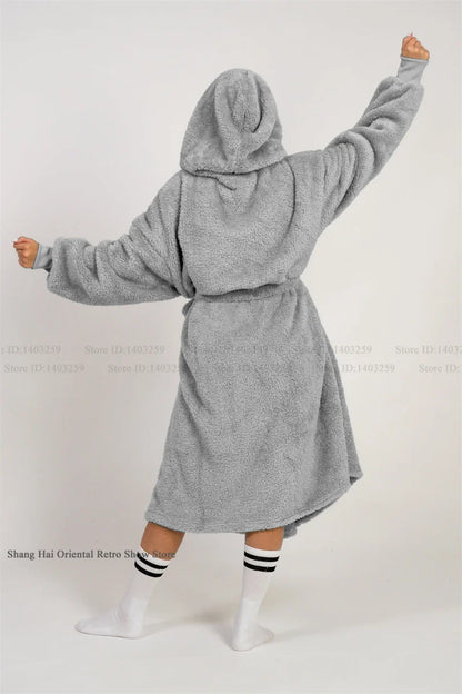 Thicken Coral Fleece Mens Hooded Long Robe Sleepwear Autumn Winter New Nightwear Homewear Loose Casual Flannel Loungewear Pajama