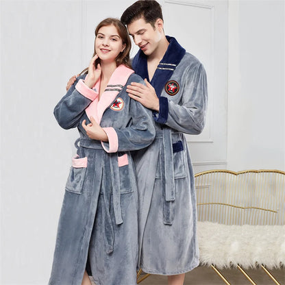 Plus Size 3XL 4XL Couple Flannel Robe Kimono Bathrobe Gown Thickened Coral Fleece Sleepwear Female Long Nightgown Loose Homewear
