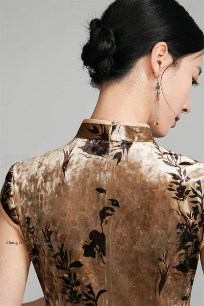 Oversize Velour Chinese Cheongsam Sexy Sleeveless Split Chinese Dress Traditional Costume Vintage Classic Mandarin Collar Qipao