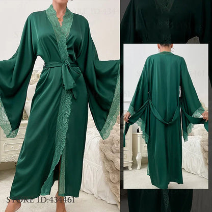 Sexy Lace Kimono Bathrobe Gown Ice Silk Women Long Robe Dress Nightgown Spring New Sleepwear Nightwear Loose Homewear Loungewear