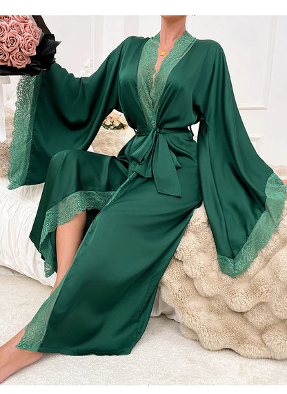 Sexy Lace Kimono Bathrobe Gown Ice Silk Women Long Robe Dress Nightgown Spring New Sleepwear Nightwear Loose Homewear Loungewear