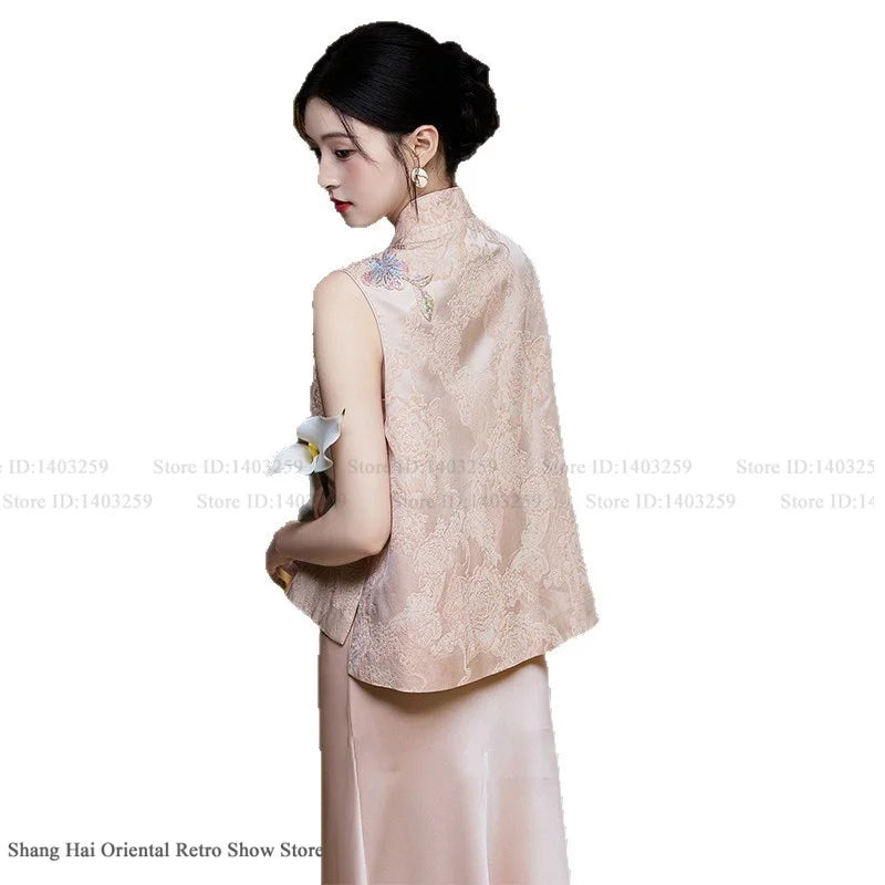 New Chinese Style Women Costume Vest Qipao Set Retro Jacquard Embroidery Tang Costume Silky Satin Waistcoat Dress Evening Dress