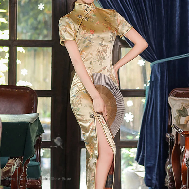 Traditional Chinese Dress Classic Vintage Female Long Cheongsam Asian Dress Jacquard Dragon Phoenix Y2K Qipao Sexy Satin Vestido