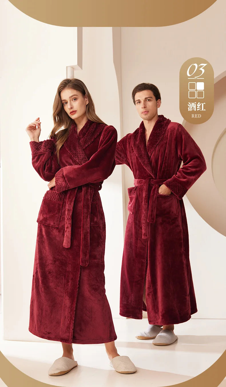 Autumn Winter Coral Fleece Sleepwear Thicken Warm Flannel Couple's Long Robe Men's Kimono Bathrobe Gown Home Clothes Lounge Wear