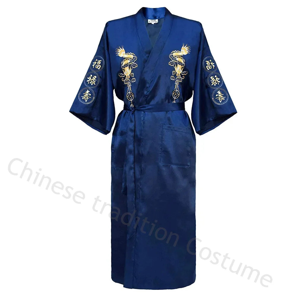 Embroider Dragon Kimono Bathrobe Gown Chinese Style Robe Classical Man Homewear Long Satin Nightgown Loose Sleepwear Loungewear