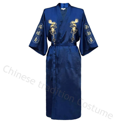 Embroider Dragon Kimono Bathrobe Gown Chinese Style Robe Classical Man Homewear Long Satin Nightgown Loose Sleepwear Loungewear