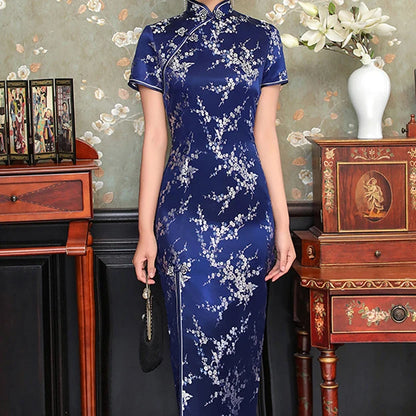 Oversize Chinese Style Dress Vintage Women's Long Qipao Dragon Phoenix Jacquard Satin Cheongsam Hanfu Sexy Slim Brocade Vestidos