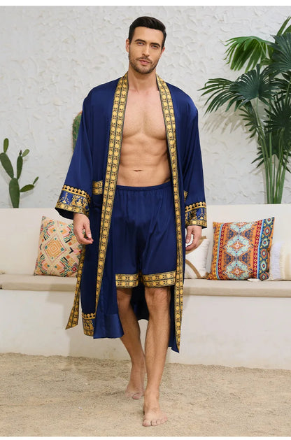 Spring New Men Robe Kimono Bathrobe Gown Baroque Style Silk Satin Sleepwear Home Clothes Loose Casual Loungewear Nightwear