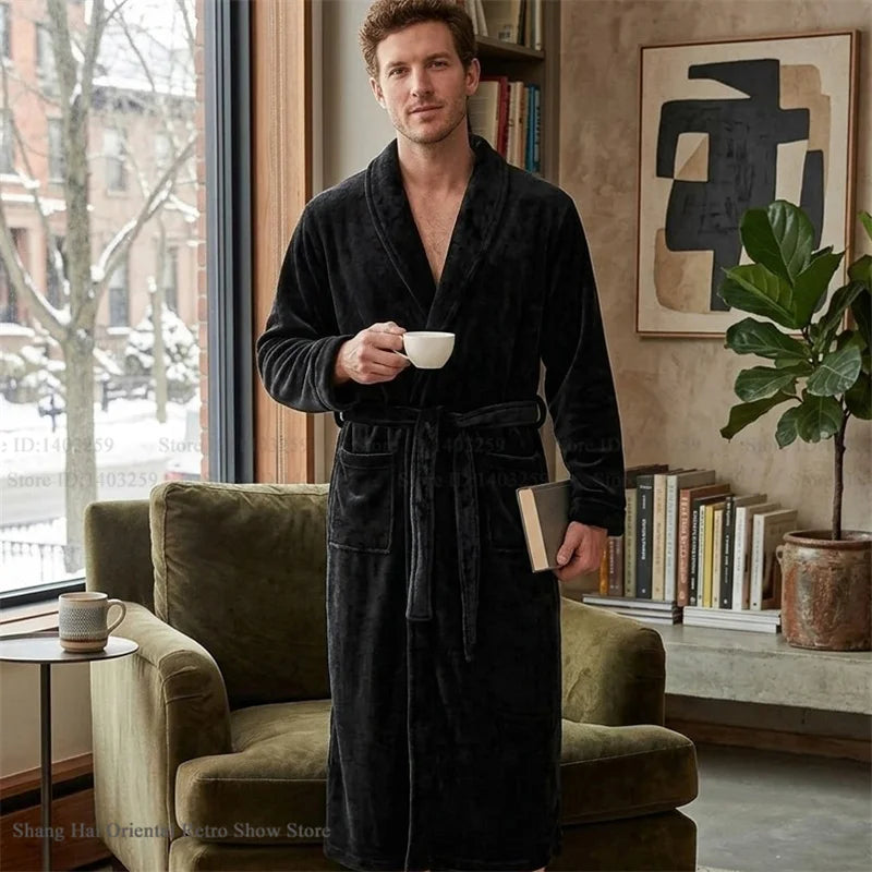 Thicken Flannel Men's Robe Kimono Gown Autumn Winter New Sleepwear Home Clothes Green Loose Coral Fleece Loungewear Bathrobe