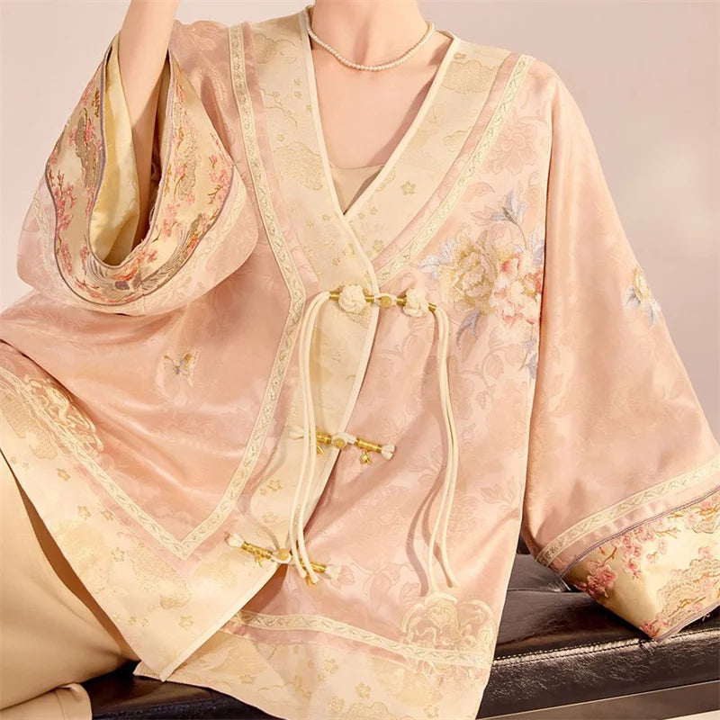 Chinese Style Tang Clothes Jacquard Embroidery Hanfu Cardigan Coat Retro V-Neck Qipao Top Jacket Spring Summer Women's Outwear