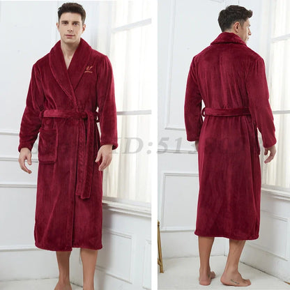 Autumn Winter Flannel Long Robe Couple Thicked Warm Sleepwear Men Casual Bathrobe Gown Plus Size Nightgown Women Loose Home Wear