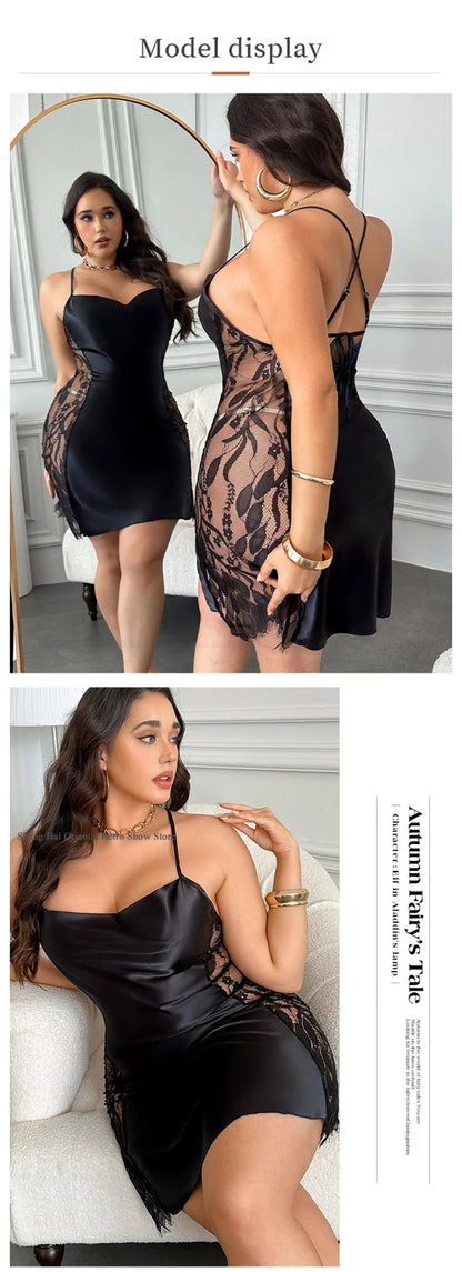 Large Size 3XL 4XL 5XL Womens Nightgown Chemise Sleepwear Sexy Hollow Out Lace Nightdress Lingerie Loose Satin Homewear Nightie