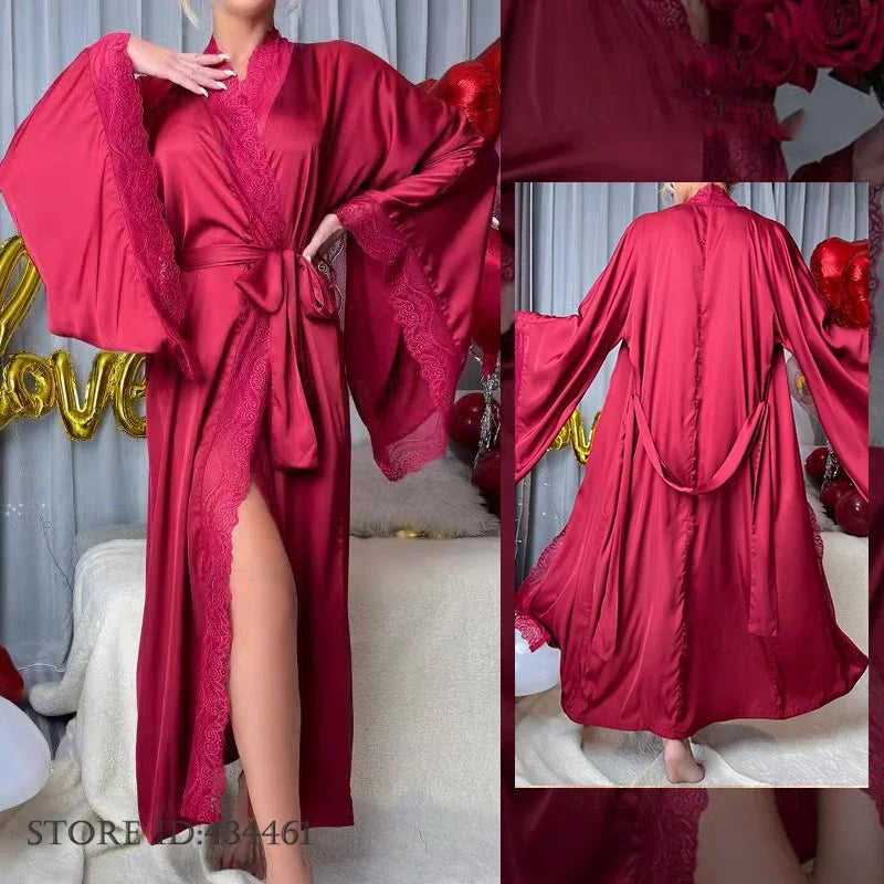 Sexy Lace Kimono Bathrobe Gown Ice Silk Women Long Robe Dress Nightgown Spring New Sleepwear Nightwear Loose Homewear Loungewear